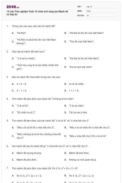 15 câu Trắc nghiệm Toán 10 chân trời sáng tạo Mệnh đề có đáp án