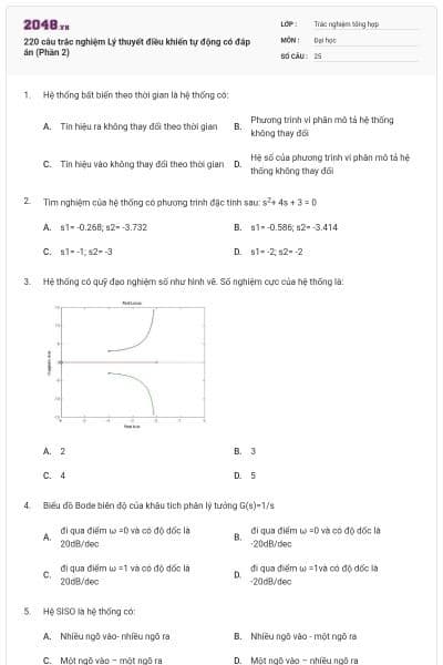 220 câu trắc nghiệm Lý thuyết điều khiển tự động có đáp án (Phần 2)
