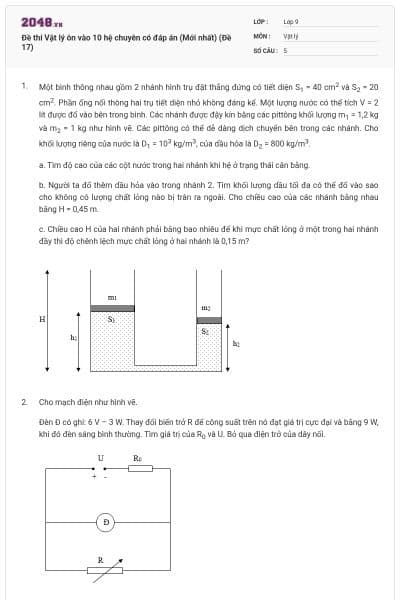 Đề thi Vật lý ôn vào 10 hệ chuyên có đáp án (Mới nhất) (Đề 17)