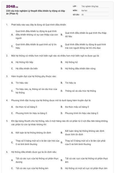220 câu trắc nghiệm Lý thuyết điều khiển tự động có đáp án (Phần 4)