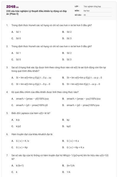 220 câu trắc nghiệm Lý thuyết điều khiển tự động có đáp án (Phần 5)