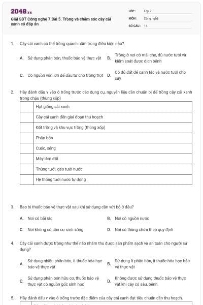Giải SBT Công nghệ 7 Bài 5. Trồng và chăm sóc cây cải xanh có đáp án