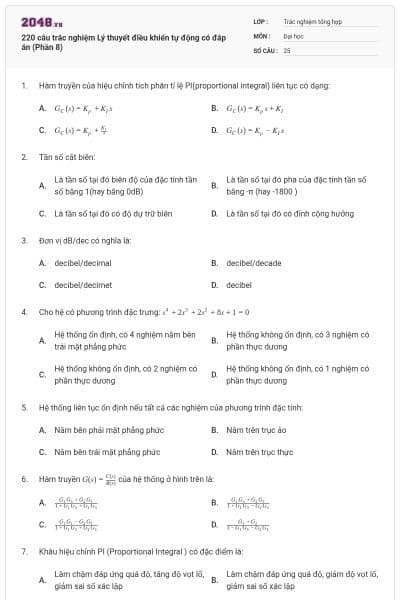 220 câu trắc nghiệm Lý thuyết điều khiển tự động có đáp án (Phần 8)