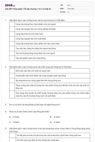 Giải SBT Công nghệ 7 Ôn tập chương 1 và 2 có đáp án