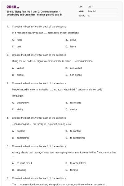 20 câu Tiếng Anh lớp 7 Unit 2: Communication - Vocabulary and Grammar - Friends plus có đáp án