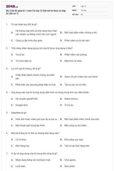 Bộ 3 Đề thi giữa kì 1 môn Tin lớp 12 Kết nối tri thức có đáp án (Đề số 1)