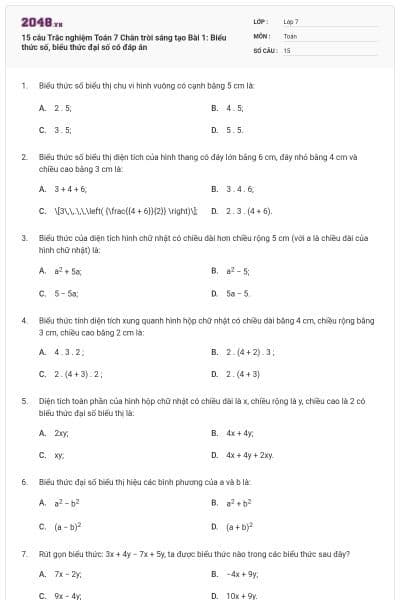15 câu Trắc nghiệm Toán 7 Chân trời sáng tạo Bài 1: Biểu thức số, biểu thức đại số có đáp án