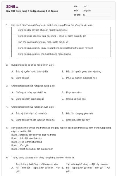 Giải SBT Công nghệ 7 Ôn tập chương 3 có đáp án