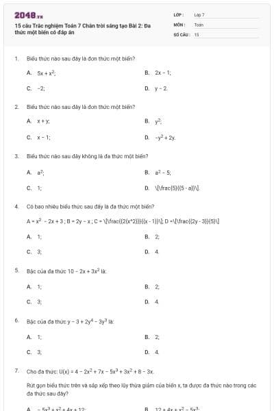 15 câu Trắc nghiệm Toán 7 Chân trời sáng tạo Bài 2: Đa thức một biến có đáp án