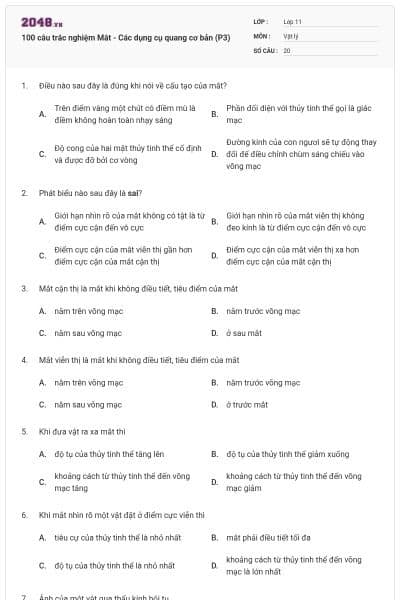 100 câu trắc nghiệm Mắt - Các dụng cụ quang cơ bản (P3)