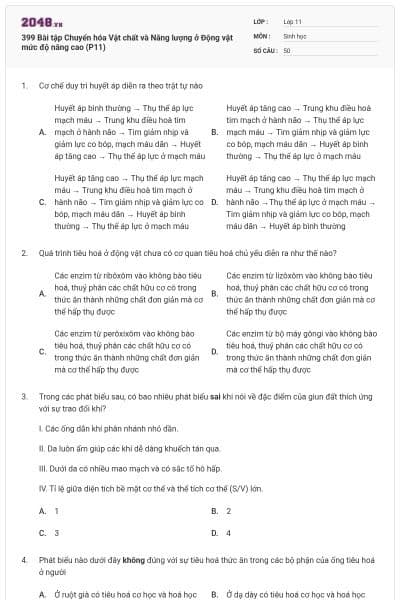 399 Bài tập Chuyển hóa Vật chất và Năng lượng ở Động vật mức độ nâng cao (P11)