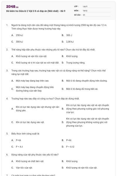 Đề kiểm tra Giữa kì 2 Vật lí 8 có đáp án (Mới nhất) - Đề 9