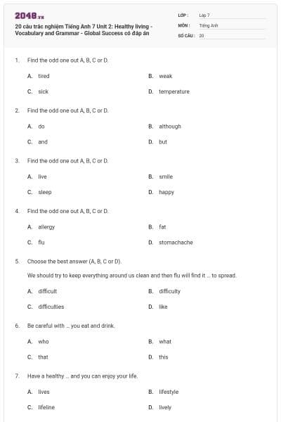 20 câu trắc nghiệm Tiếng Anh 7 Unit 2: Healthy living - Vocabulary and Grammar - Global Success có đáp án