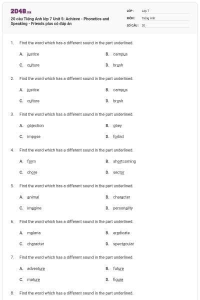 20 câu Tiếng Anh lớp 7 Unit 5: Achieve - Phonetics and Speaking - Friends plus có đáp án