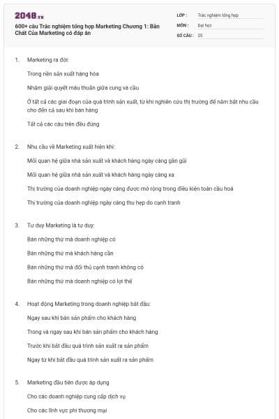 600+ câu Trắc nghiệm tổng hợp Marketing Chương 1: Bản Chất Của Marketing có đáp án