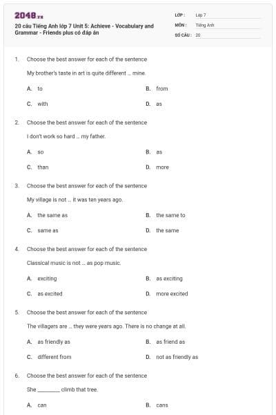 20 câu Tiếng Anh lớp 7 Unit 5: Achieve - Vocabulary and Grammar - Friends plus có đáp án