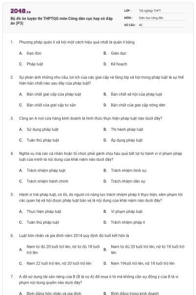 Bộ đề ôn luyện thi THPTQG môn Công dân cực hay có đáp án (P3)