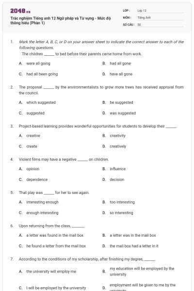 Trắc nghiệm Tiếng anh 12 Ngữ pháp và Từ vựng - Mức độ thông hiểu (Phần 1)