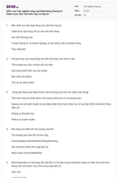 600+ câu Trắc nghiệm tổng hợp Marketing Chương 9: Chiến Lược Xúc Tiến Hỗn Hợp có đáp án