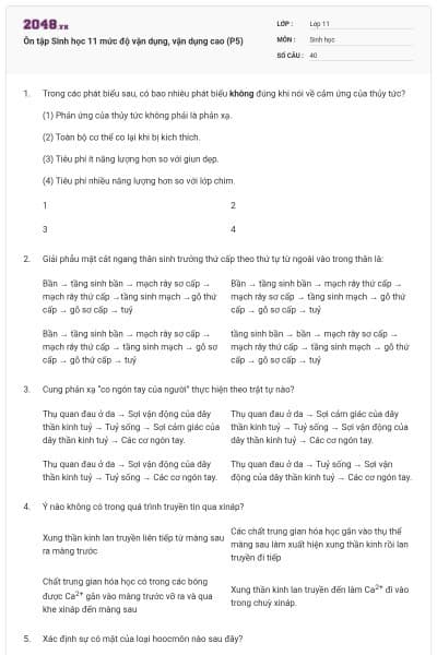 Ôn tập Sinh học 11 mức độ vận dụng, vận dụng cao (P5)