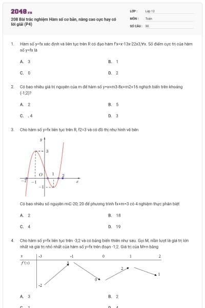 208 Bài trắc nghiệm Hàm số cơ bản, nâng cao cực hay có lời giải (P4)