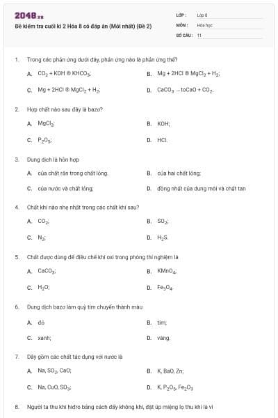 Đề kiểm tra cuối kì 2 Hóa 8 có đáp án (Mới nhất) (Đề 2)