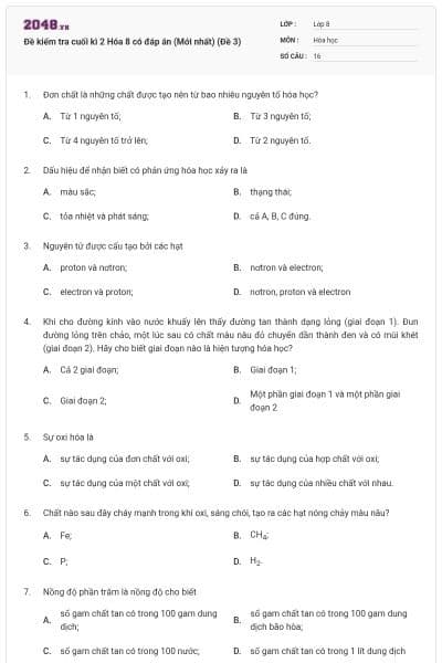 Đề kiểm tra cuối kì 2 Hóa 8 có đáp án (Mới nhất) (Đề 3)
