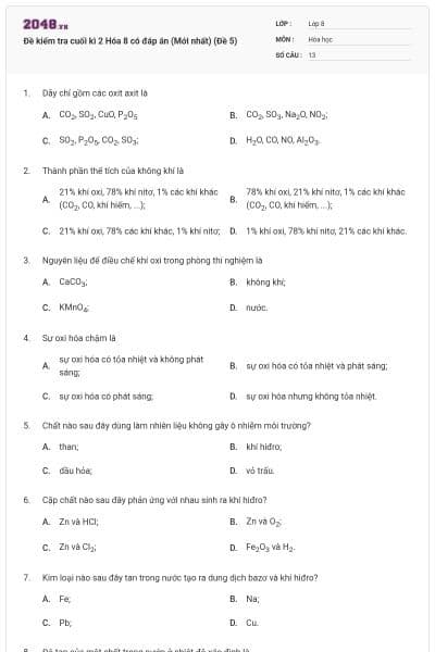 Đề kiểm tra cuối kì 2 Hóa 8 có đáp án (Mới nhất) (Đề 5)