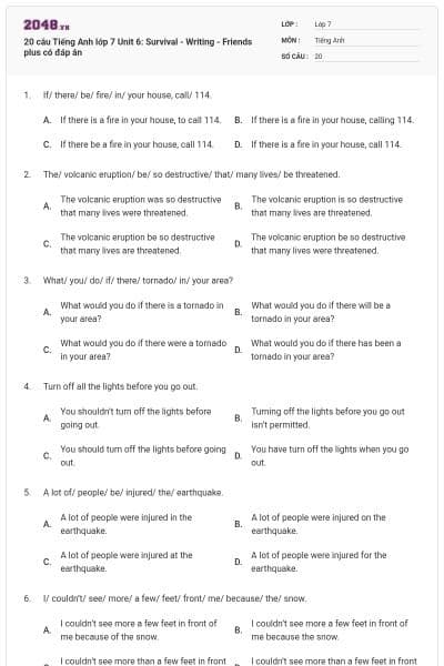 20 câu Tiếng Anh lớp 7 Unit 6: Survival - Writing - Friends plus có đáp án