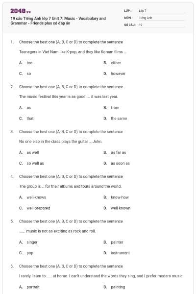 19 câu Tiếng Anh lớp 7 Unit 7: Music - Vocabulary and Grammar - Friends plus có đáp án