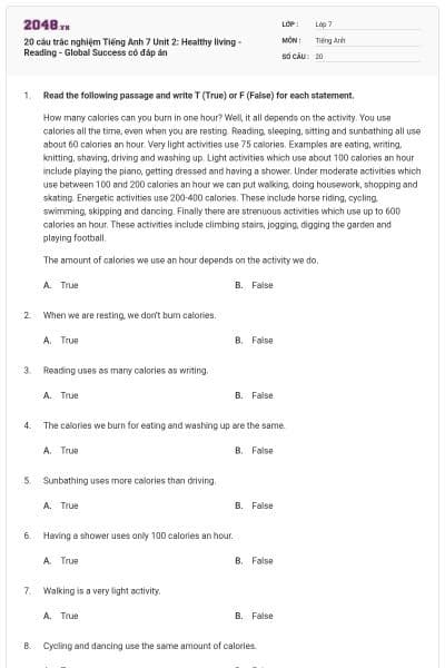 20 câu trắc nghiệm Tiếng Anh 7 Unit 2: Healthy living - Reading - Global Success có đáp án