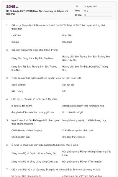 Bộ đề Luyện thi THPTQG Môn Địa Lí cực hay có lời giải chi tiết (P2)