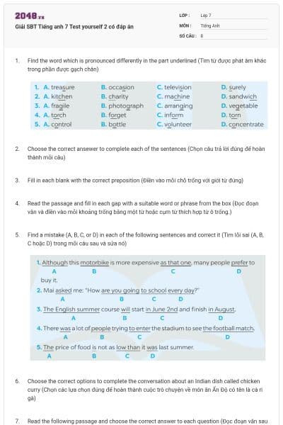Giải SBT Tiếng anh 7 Test yourself 2 có đáp án