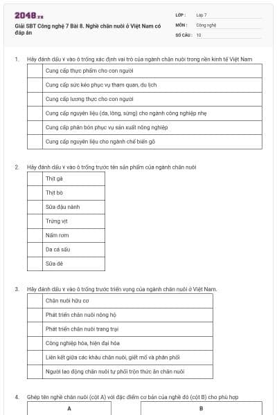 Giải SBT Công nghệ 7 Bài 8. Nghề chăn nuôi ở Việt Nam có đáp án