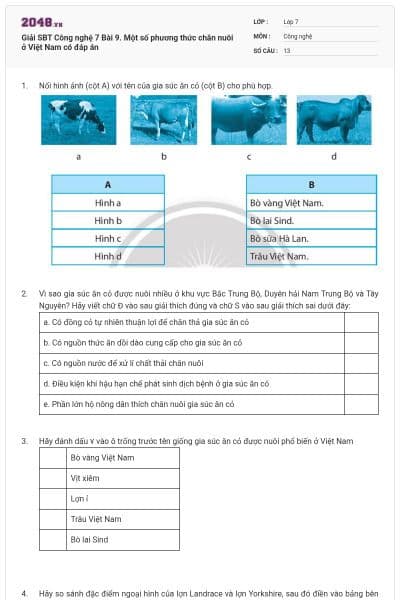 Giải SBT Công nghệ 7 Bài 9. Một số phương thức chăn nuôi ở Việt Nam có đáp án