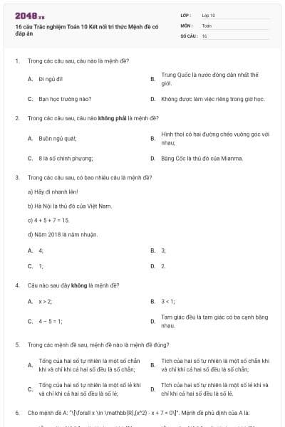 16 câu Trắc nghiệm Toán 10 Kết nối tri thức Mệnh đề có đáp án