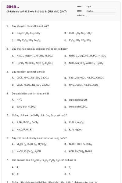 Đề kiểm tra cuối kì 2 Hóa 8 có đáp án (Mới nhất) (Đề 7)