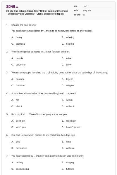 20 câu trắc nghiệm Tiếng Anh 7 Unit 3: Community service - Vocabulary and Grammar - Global Success có đáp án