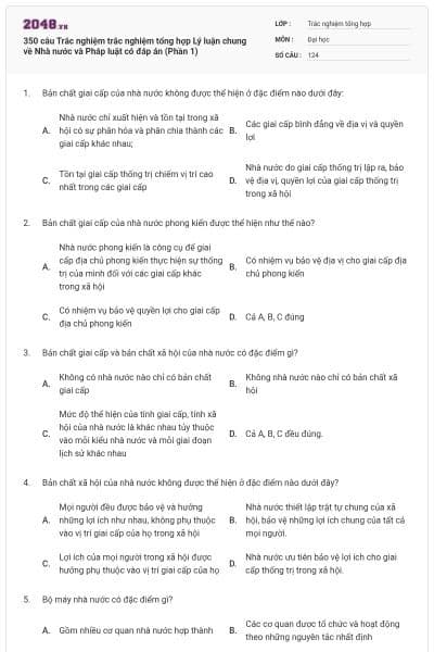 350 câu Trắc nghiệm trắc nghiệm tổng hợp Lý luận chung về Nhà nước và Pháp luật có đáp án (Phần 1)