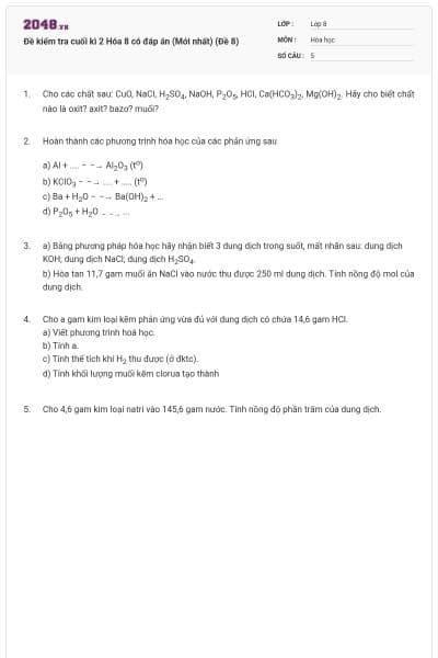 Đề kiểm tra cuối kì 2 Hóa 8 có đáp án (Mới nhất) (Đề 8)
