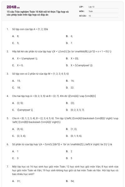 15 câu Trắc nghiệm Toán 10 Kết nối tri thức Tập hợp và các phép toán trên tập hợp có đáp án