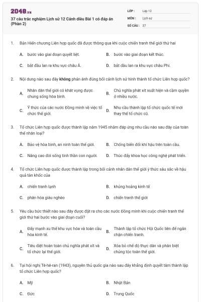 37 câu trắc nghiệm Lịch sử 12 Cánh diều Bài 1 có đáp án (Phần 2)