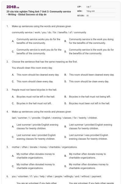 20 câu trắc nghiệm Tiếng Anh 7 Unit 3: Community service - Writing - Global Success có đáp án