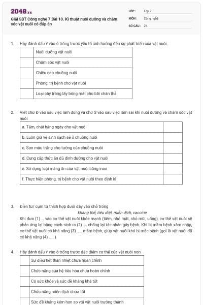 Giải SBT Công nghệ 7 Bài 10. Kĩ thuật nuôi dưỡng và chăm sóc vật nuôi có đáp án