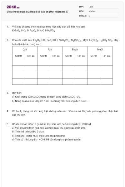 Đề kiểm tra cuối kì 2 Hóa 8 có đáp án (Mới nhất) (Đề 9)