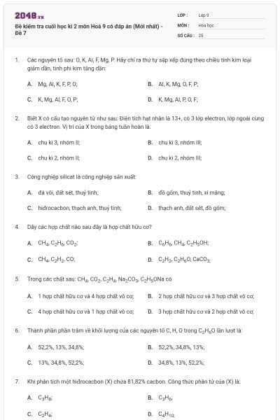 Đề kiểm tra cuối học kì 2 môn Hoá 9 có đáp án (Mới nhất) - Đề 7