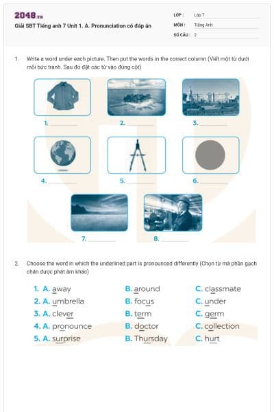 Giải SBT Tiếng anh 7 Unit 1. A. Pronunciation có đáp án