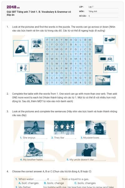 Giải SBT Tiếng anh 7 Unit 1. B. Vocabulary & Grammar có đáp án