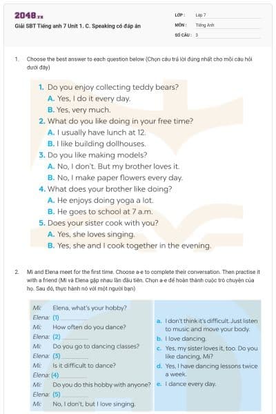 Giải SBT Tiếng anh 7 Unit 1. C. Speaking có đáp án