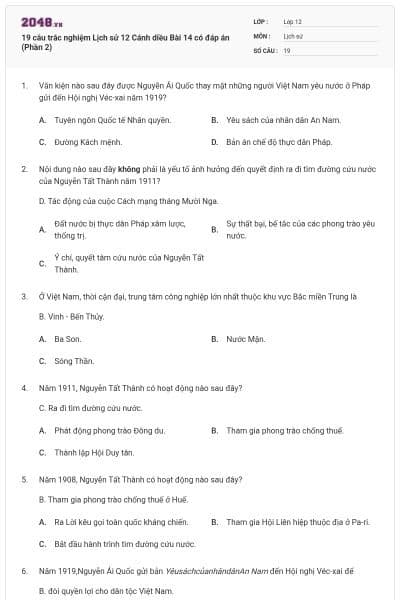 19 câu trắc nghiệm Lịch sử 12 Cánh diều Bài 14 có đáp án (Phần 2)